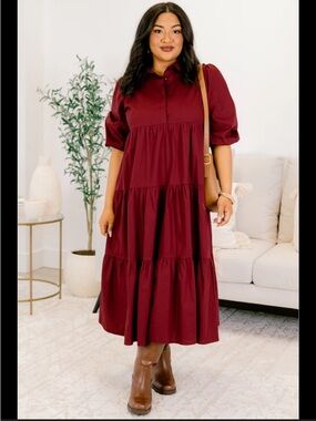 Chic Soul Wine Tiered Puff-Sleeve Midi Dress
